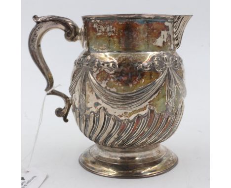 John Langlands, a Georgian hallmarked silver pitcher, relief decorated with swags, Newcastle assay 1746, 371g, H: 13 cm. UK P