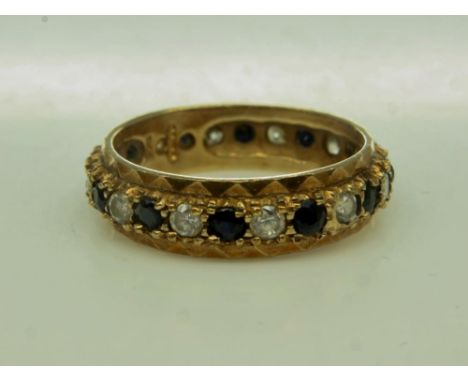 9ct gold full eternity ring, set with sapphires and white stones, size N, 3.1g. UK P&amp;P Group 0 (£6+VAT for the first lot 