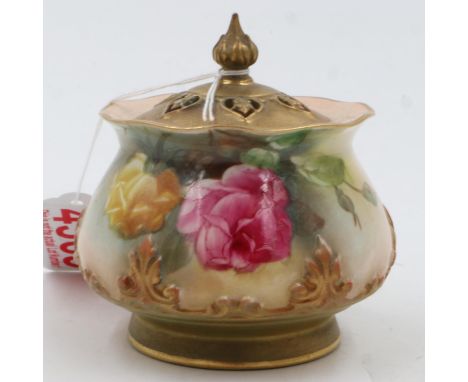 Royal Worcester covered pot painted and gilt in floral designs with pierced cover, H:75mm. UK P&amp;P Group 1 (£16+VAT for th