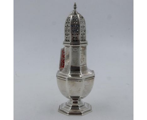 Hallmarked silver castor with octagonal form body, H: 18 cm, 172g. UK P&amp;P Group 1 (£16+VAT for the first lot and £2+VAT f