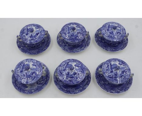 A set of six Copeland Spode covered soup bowls with saucers in the Italian gardens pattern, no visible damages or repairs. UK
