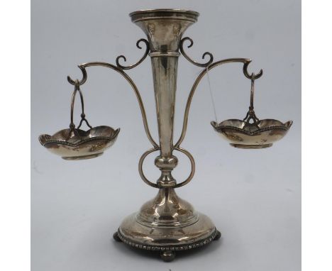 Chester hallmarked silver epergne with tapering vase and two swing baskets, 538g (not weighted), H:28cm. Some tarnish, slight