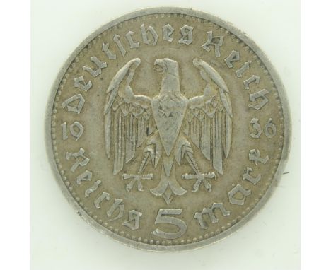 1936 - German silver 5 Reichsmark minted in Berlin. UK P&amp;P Group 1 (£16+VAT for the first lot and £2+VAT for subsequent l