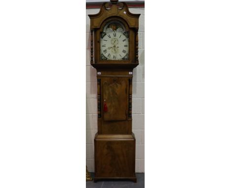 19th century walnut longcase clock, the painted enamel dial with rolling moon phase and two subsidiary dials, eight day movem
