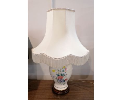 Large table lamp and shade with floral decorated ceramic base, height 70 cm