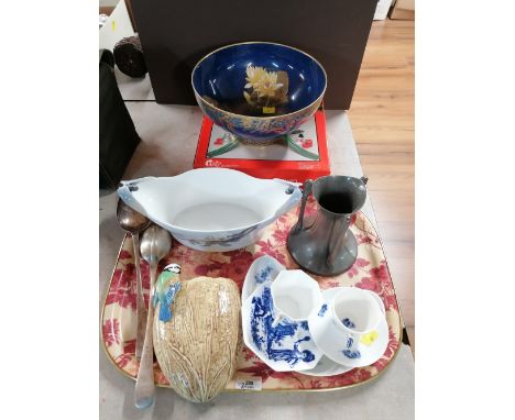 Tray of kingfisher wall pocket, two large plated spoons, Art Nouveau pewter vase, Royal Copenhagen dragonfly planter plus blu