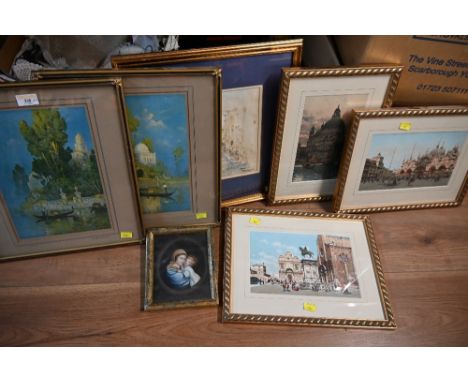 Framed artwork, to include French twilight print, Venetian street scene print, etc.