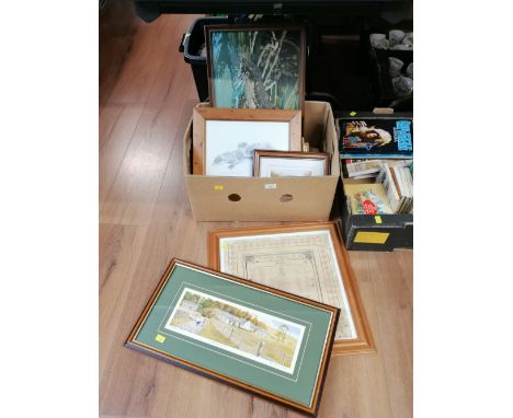 Box of mixed artwork, autumnal Derwentwater print, framed memorial to the miners of the Wellington Colliery Whitehaven, otter