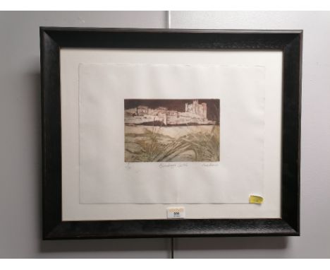 Limited edition print of Bambrough Castle, signed Mattinson, 17/100, image size 13 cm x 19 cm, framed 