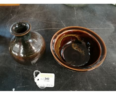 Small brown glazed Colin Pearson vase and bowl