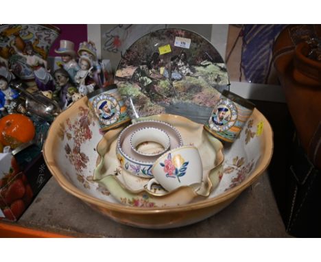 Transfer printed Edwardian wash basin, Royal Doulton plate, Poole bowl, cup and saucer and two tins of Players Navy Cut cigar