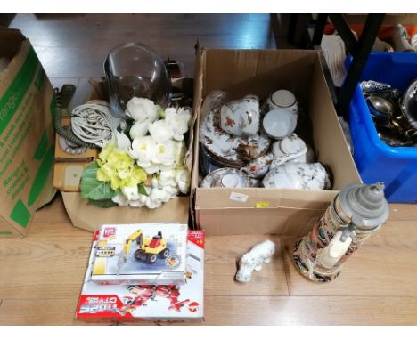 Two boxes of artificial flowers, oriental tea ware, Block Tech construction kits and vintage telephone