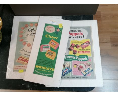 Three vintage confectionery and chewing gum adverts on card