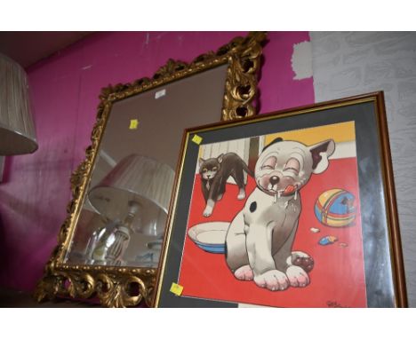 Gilt framed bevelled edge rectangular mirror and print, No 16 Naughty Bonzo  