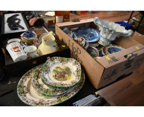 Box of miscellaneous plates and saucers, hand painted floral vase and a box of character jug teapot, commemorative mugs and S