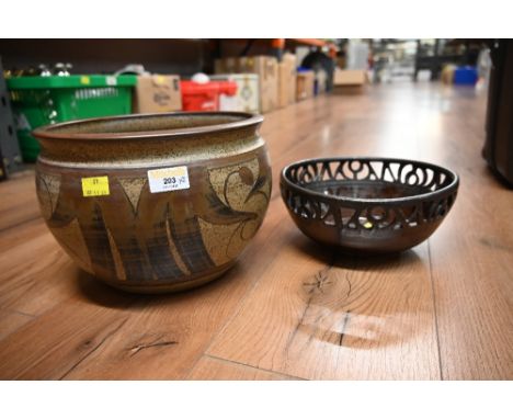 Brown glazed reticulated bowl and Studio Pottery planter 