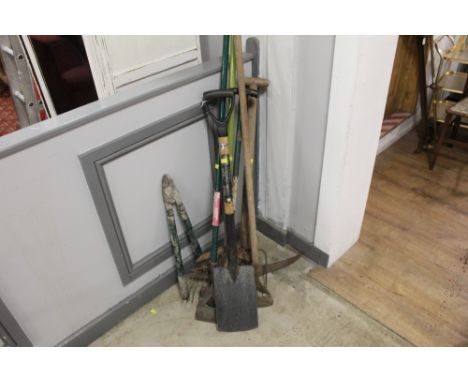 Number of garden tools, spade, rake etc