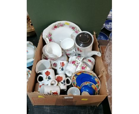 Box of mixed ceramics, Queen Anne part tea set, Crown Clarence coffee pot and Wedgwood teacup and saucers