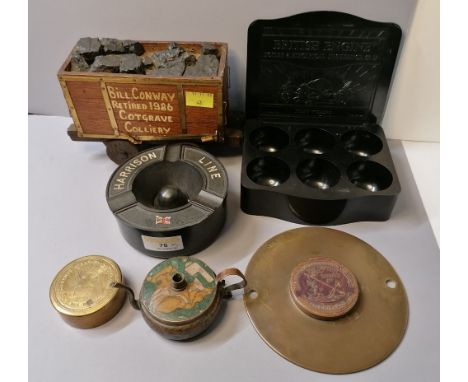 Harrison Line ashtray, Cotgrave Colliery model coal wagon, Bakelite British Engine Insurance container, small cloisonne burne