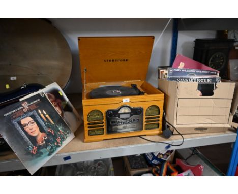 Vintage pine cased record and cassette player plus a box of records to include Don Williams 