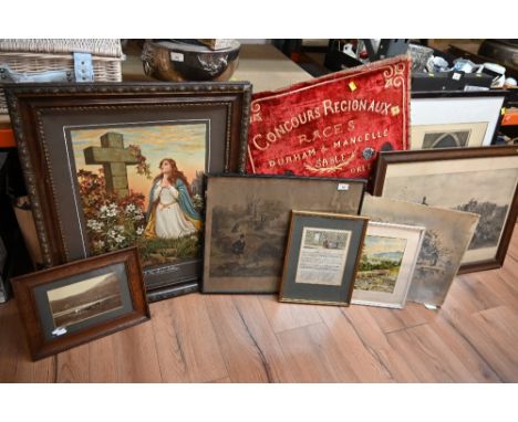 Artwork to include a Victorian religious print, hunting scene print, etc.