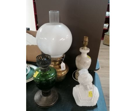 Alabaster table lamp base, figural bust, oil lamp base with green glass reservoir and oil lamp with brass reservoir