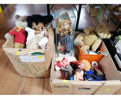 Two boxes of vintage soft toys, Rupert the Bear, 3 Spitting Image squeaky toys, Meccano and dolls