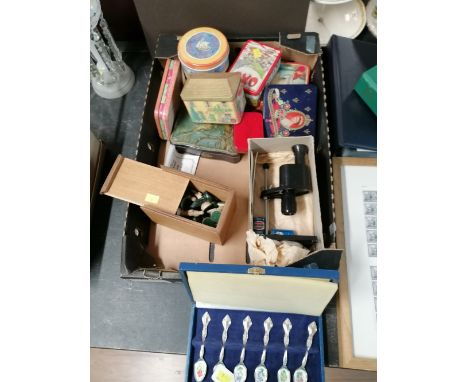 Box of vintage tins - OXO, Queen Elizabeth II Coronation tin and village stores tin, chess pieces and cased Hong Kong Wildflo