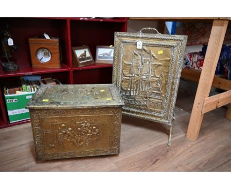 Brass fire screen and slipper box