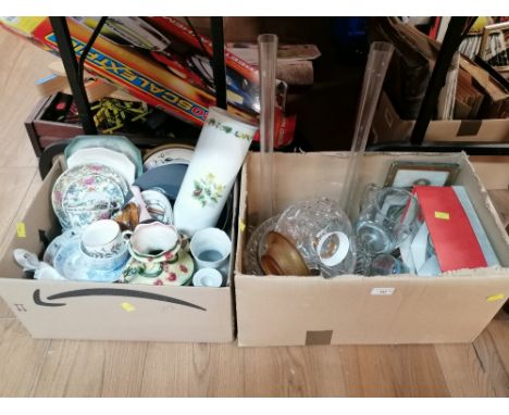 Two boxes of mixed ceramics and glassware - Royal Worcester Herbs pattern vase, 2 long stemmed glass vases etc