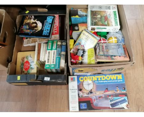 Two boxes of books, toys and board games, large print books, Portrait of The Channel Islands, Countdown board game etc