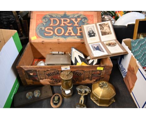 Vintage Musk Paraffin Dry Soap advertising box containing mixed metalware, small ornamental miners lamp, small photograph alb