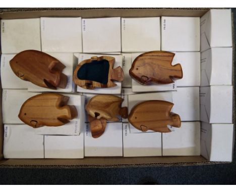 Unused Retail Stock - Approximately 90 carved wooden trinket boxes in the form of fish, boxed. 