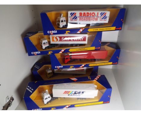 Corgi - five boxed Superhaulers, C1238 Seddon Atkinson Radio 1 Roadshow, Volvo Globetrotter SAS Cargo, Seddon Atkinson Royal 