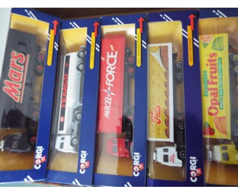 Corgi - five boxed Superhaulers, Mars, Opal Fruits, Royal Mail, Freia, Parcel Force, Texaco, all mint in mint window boxes - 