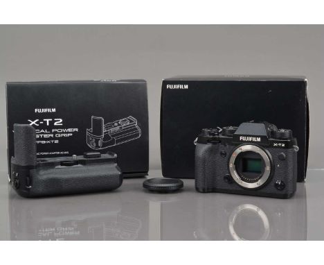 A Fujifilm X-T2 Digital Camera Body, black, powers up, shutter working, display working, camera appears to function as should