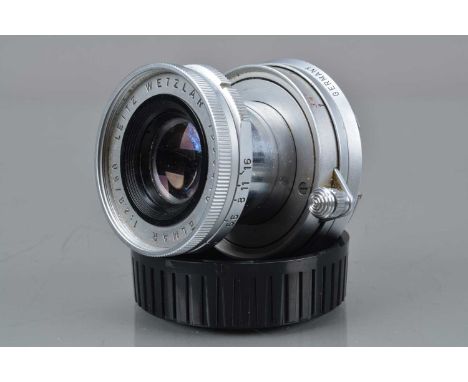 A Leitz Wetzlar 50mm f/2.8 Elmar Collapsible Lens, M mount, serial no 1933416, barrel G, some light scratches to barrel, elem