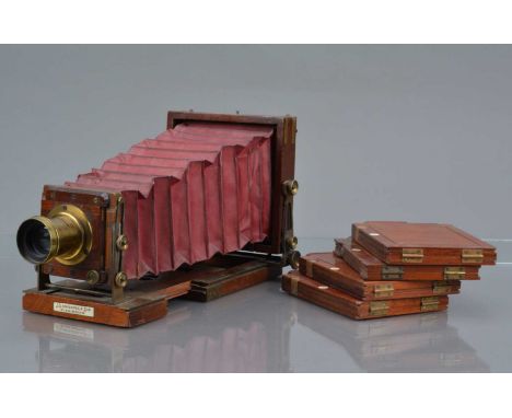 A J. Lancaster Special Instantograph Mahogany and Brass Quarter Plate Camera, body G, bellows F-G, with Perkan Son & Rayment 