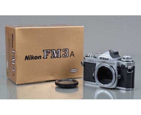 A Nikon FM3-A Camera Body, chrome, serial no 253650, shutter working, meter responsive, camera responsive in auto, self timer