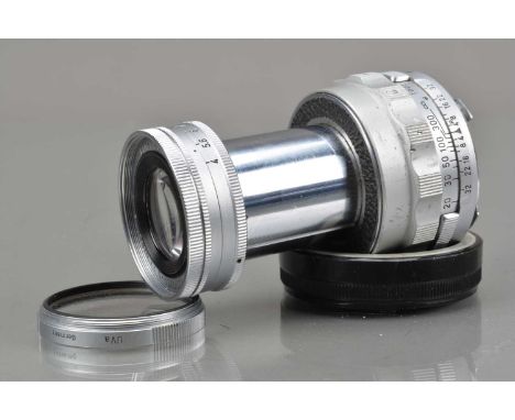 A Leitz Wetzlar 9cm f/4 Collapsible Elmar Lens, M mount, serial no 1260028, 1955, barrel G, some light scratches, elements G,