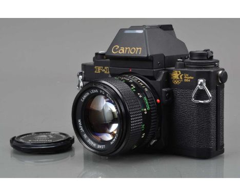 A Canon F-1n L..A. 1984 Olympic Edition SLR Camera, serial no LA 7866, shutter working, meter working, camera responsive in a