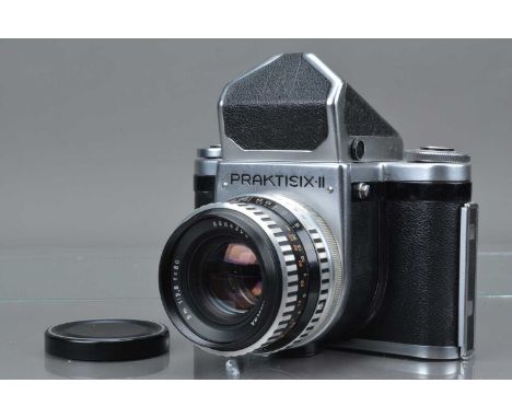 A Praktisix II Camera, shutter working, self timer working, body G, with prism finder, aus Jena Bm 80mm f/2.8 lens, barrel G,