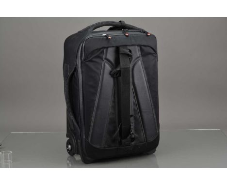 A Manfrotto Pro VII Lino Rolling Camera Bag, G-VG, with inserts, soft bag and a group of Jessops filters