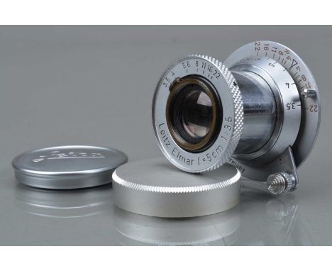 A Leitz Elmar 5cm f/3.5 Collapsible Lens,  L39 mount, red scale, distance in feet, serial no 1242824, 1955, barrel G, light s