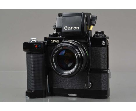 A Canon F-1 SLR Camera, serial no 303054, shutter working, self timer working, body G-VG, with FD 55mm f/1.2 S.S.C. lens, ser