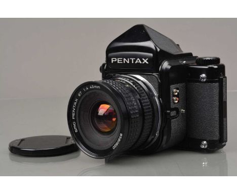 A Pentax 67 Camera, serial no 4164971, shutter working, body G-VG, some marks to base, with eye level prism finder, SMC Penta