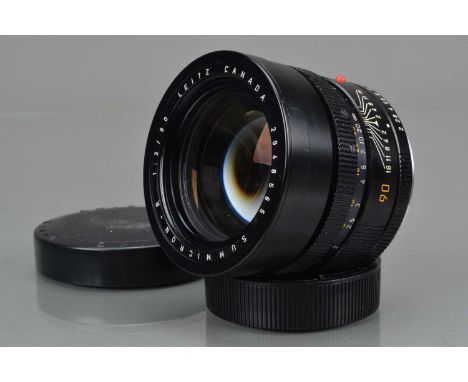 A Leitz Canada 90mm f/2 Summicron-R Lens, 3 CAM, serial no 2948565, 1978, barrel G, some light paint wear to grips, elements 