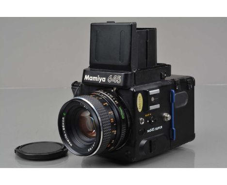 A Mamiya M645 Super Camera, serial no 214510, shutter working, body G, with waist level finder, Mamiya Sekor C 80mm f/2.8 len