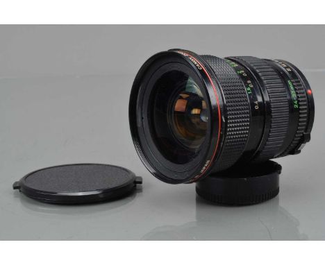 A Canon FD 24-35mm f/3.5 L Lens, serial no 16263, barrel G, some paint wear to edges, elements G, light 4mm scratch to front 