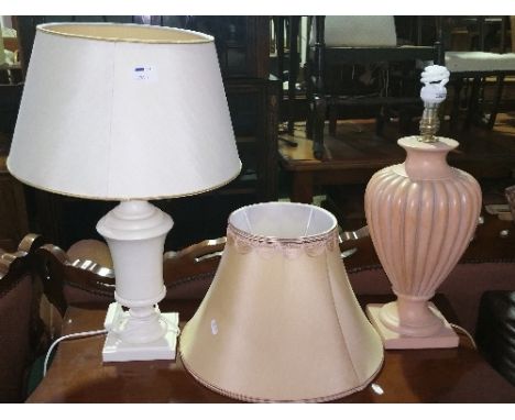 A Modern Peach Coloured Reeded Table Lamp, with shade, with A Modern Cream Table Lamp and Shade.